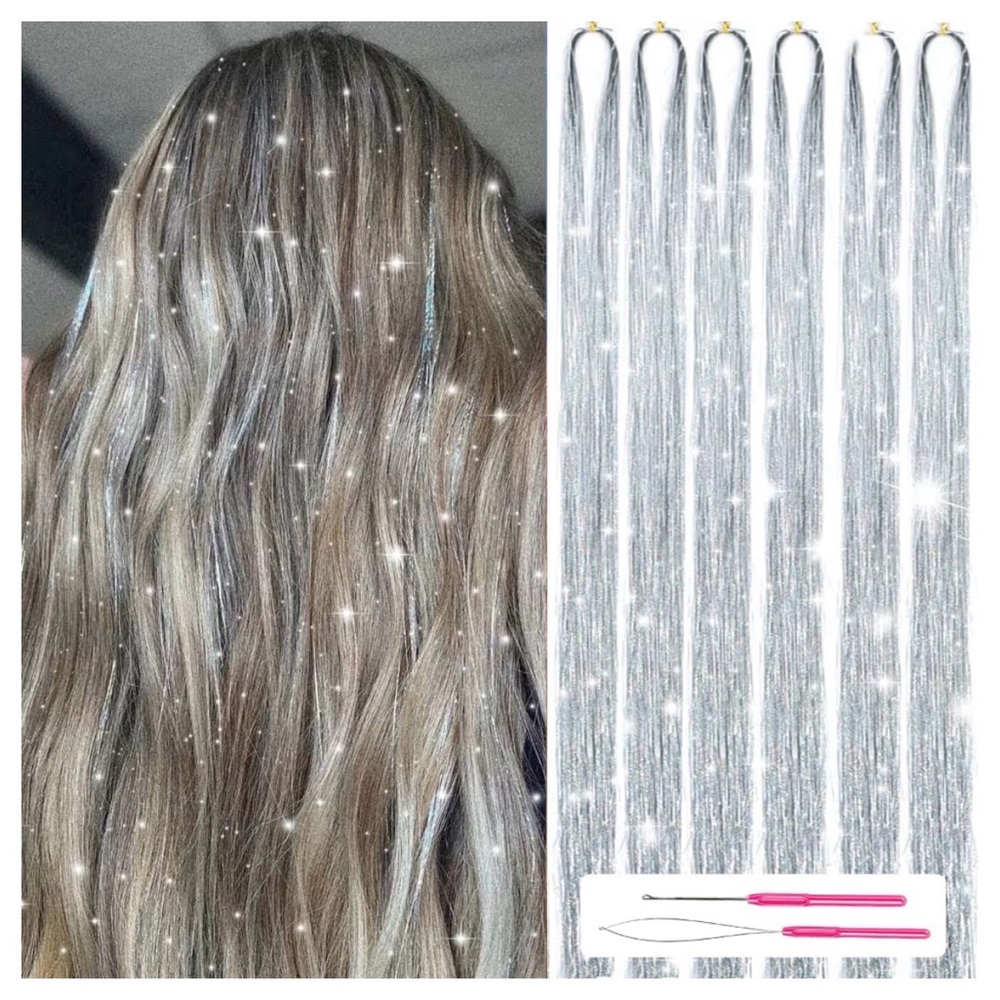6 Pcs Hair Tinsel Kit W Tools 48 in 1200 Strands Glitter Tinsel Hair Extensions